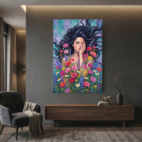 Woman in Wildflowers Oil Painting Style Canvas Print Wall Art with Vibrant Hues - Mockup Display 12