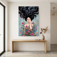 Mystical Woman with Vibrant Flowers Artistic Canvas Print Wall Art, Dreamy Portrait - Mockup Display 12