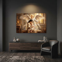 Guardian Angel Protecting Mother and Child Oil Painting Style Canvas Print Wall Art, Serene - Mockup Display 12