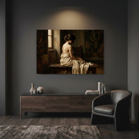 Contemplative Woman Classical Oil Painting Style Canvas Print Wall Art, Elegant - Mockup Display 12