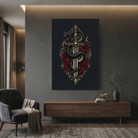 Gothic Snake & Skull Sword with Red Roses Illustrative Canvas Print Wall Art, Dark Fantasy Decor - Mockup Display 12