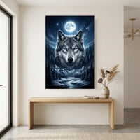 Mystical Blue-Eyed Wolf & Winter Moonlight Forest Canvas Print Wall Art Decor - Mockup Display 12