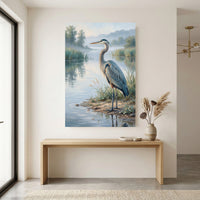 Great Blue Heron Oil Painting Style Canvas Print Wall Art, Serene Waterside Decor - Mockup Display 12
