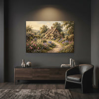 Charming English Cottage Garden Oil Painting Style Canvas Print Wall Art, Rustic Charm - Mockup Display 12