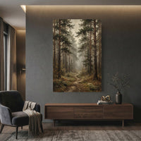 Misty Pine Forest Pathway Oil Painting Style Canvas Print Wall Art, Serene Decor - Mockup Display 12