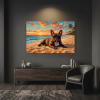 Cool French Bulldog Sunset Beach Oil Painting Style Canvas Print Wall Art for Dog Lovers - Mockup Display 12