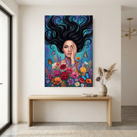 Vibrant Woman with Flowing Hair and Flowers Canvas Print Wall Art, Enchanting Decor - Mockup Display 12