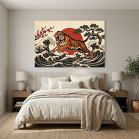 Dynamic Japanese Ukiyo-e Tiger Waves & Sun Canvas Print Wall Art, Zen Decor - Mockup Display 12
