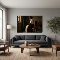 Contemplative Woman in Red Shawl, Classical Oil Painting Style Canvas Print Wall Art, Elegant. - Mockup Display 12