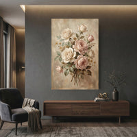 Romantic Blush & Cream Roses Oil Painting Style Canvas Print Wall Art, Elegant Home Decor - Mockup Display 12