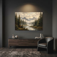 Serene Mountain Forest River Oil Painting Style Canvas Print Wall Art Décor - Mockup Display 12