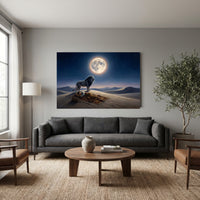 Mystical Desert Night Lion Guarding Man Canvas Print Wall Art, Dreamscape Decor - Mockup Display 12