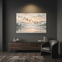 Serene Cranes Flying Oil Painting Style Canvas Print Wall Art for Tranquil Decor - Mockup Display 12
