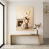 Serene Mother & Baby with Guardian Angel Oil Painting Style Canvas Print Wall Art - Mockup Display 12