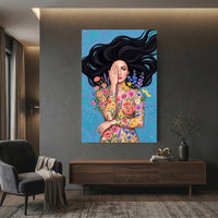 Enchanting Floral Woman Illustration Canvas Print Wall Art, Serene Beauty - Mockup Display 12