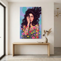 Dynamic Woman Floral Portrait Oil Painting Style Canvas Print Wall Art, Elegant - Mockup Display 12