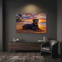 Cool Rottweiler Dog Oil Painting Style Canvas Print Wall Art, Tropical Sunset - Mockup Display 12