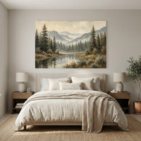 Serene Forest Lake Landscape Oil Painting Style Canvas Print Wall Art, Tranquil View - Mockup Display 12