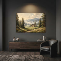 Misty Mountain Valley Cabin Oil Painting Style Canvas Print Wall Art Scenic Decor - Mockup Display 12