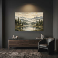 Misty Mountain Lake Landscape Oil Painting Style Canvas Print Wall Art, Rustic Decor - Mockup Display 12