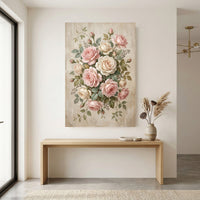 Romantic Pink Cream Roses Floral Oil Painting Style Canvas Print Wall Art Elegant Decor - Mockup Display 12