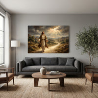 Jesus Walking Path Oil Painting Style Canvas Print Wall Art, Divine Light - Mockup Display 12
