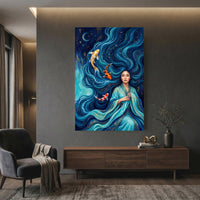 Mystical Asian Woman Koi Fish Oil Painting Style Canvas Print Wall Art, Elegant Decor - Mockup Display 12