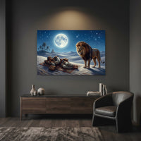 Desert Night Lion and Sleeping Man Oil Painting Style Canvas Print Wall Art - Mockup Display 12