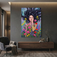 Mystic Woman Floral Canvas Print Wall Art with Flowing Hair, Vibrant Garden Style - Mockup Display 12
