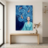 Serene Asian Woman with Flowing Blue Hair & Koi Fish Canvas Print Wall Art - Mockup Display 12