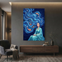 Elegant Woman with Flowing Water Hair Koi Fish Artistic Canvas Print Wall Art - Mockup Display 12