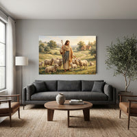 Good Shepherd Jesus Christ Oil Painting Style Canvas Print Wall Art, Serene Biblical Landscape - Mockup Display 12