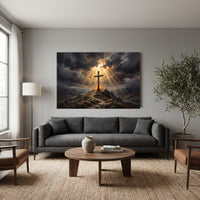 Dramatic Cross on Hill Oil Painting Style Canvas Print Wall Art, Spiritual Light - Mockup Display 12