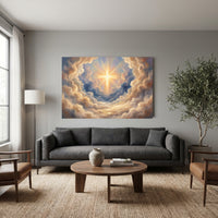 Radiant Cross in Divine Clouds Oil Painting Style Canvas Print Wall Art, Spiritual Decor - Mockup Display 12