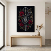 Intricate Dark Fantasy Snake & Dagger Roses Canvas Print Wall Art, Ornate Elegance - Mockup Display 12