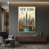 New York City Vintage Illustration Skyline Brooklyn Bridge Canvas Print Wall Art, Iconic - Mockup Display 12