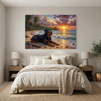 Rottweiler Dog Tropical Beach Sunset Oil Painting Style Canvas Print Wall Art Décor - Mockup Display 12