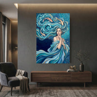 Mystical Water Woman with Koi Fish Oil Painting Style Canvas Print Wall Art Serene - Mockup Display 12
