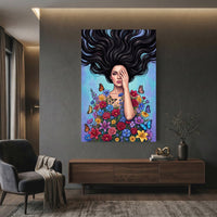 Vibrant Pop Art Woman with Flowers & Butterflies Canvas Print Wall Art Décor - Mockup Display 12