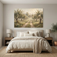 Misty Orchard Path Oil Painting Style Canvas Print Wall Art, Serene Landscape - Mockup Display 12