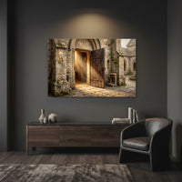 Ancient Church Entrance Sunlit Path Oil Painting Style Canvas Print Wall Art - Mockup Display 12