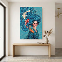 Vibrant Woman with Koi Fish Artistic Canvas Print Wall Art, Elegant Home Decor - Mockup Display 12