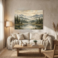 Misty Mountain Lake Landscape Oil Painting Style Canvas Print Wall Art, Rustic Decor - Mockup Display 13