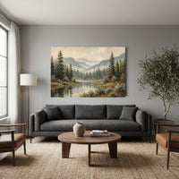 Serene Forest Lake Landscape Oil Painting Style Canvas Print Wall Art, Tranquil View - Mockup Display 13