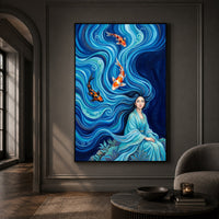Mythical Woman Koi Fish Oil Painting Style Canvas Print Wall Art, Zen Decor - Mockup Display 13