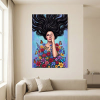 Vibrant Pop Art Woman with Flowers & Butterflies Canvas Print Wall Art Décor - Mockup Display 13
