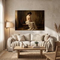 Contemplative Woman Draped Classical Oil Painting Style Canvas Print Wall Art for Serene Decor - Mockup Display 14