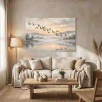 Serene Cranes Flying Oil Painting Style Canvas Print Wall Art for Tranquil Decor - Mockup Display 13