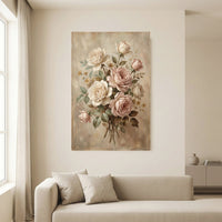 Romantic Blush & Cream Roses Oil Painting Style Canvas Print Wall Art, Elegant Home Decor - Mockup Display 13