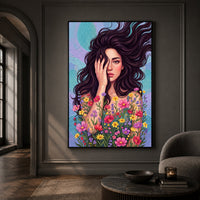 Dynamic Woman Floral Portrait Oil Painting Style Canvas Print Wall Art, Elegant - Mockup Display 13
